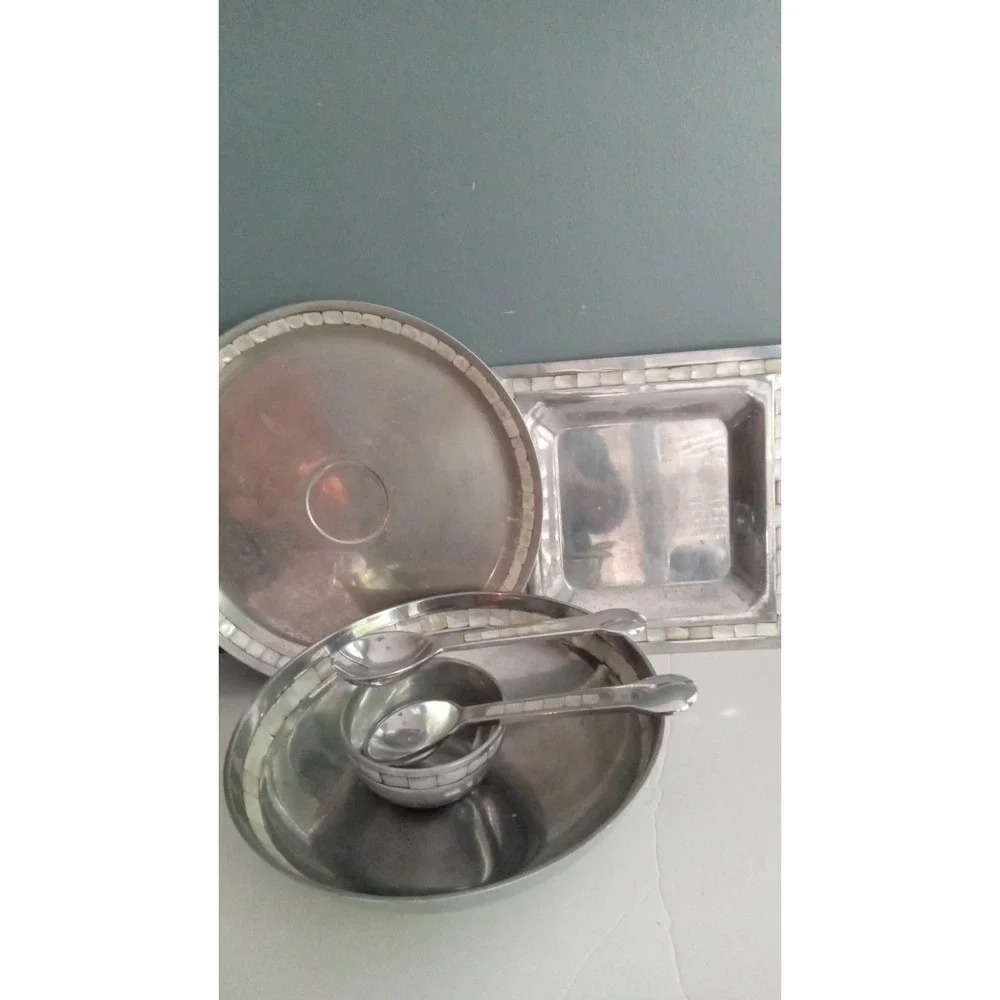 Towel Mother‎ of Pearl Inlay Serving Set Bowl Tray Spoon Vintage